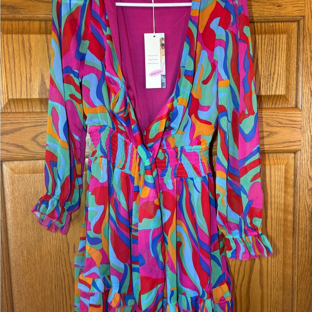 Pink and Blue Wrap Sundress with Plunge Neckline